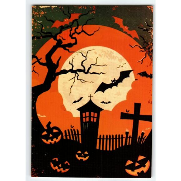 Vintage Halloween Photochrome Postcard with Full Moon & Jack-O'-Lanterns - Picture 1 of 2